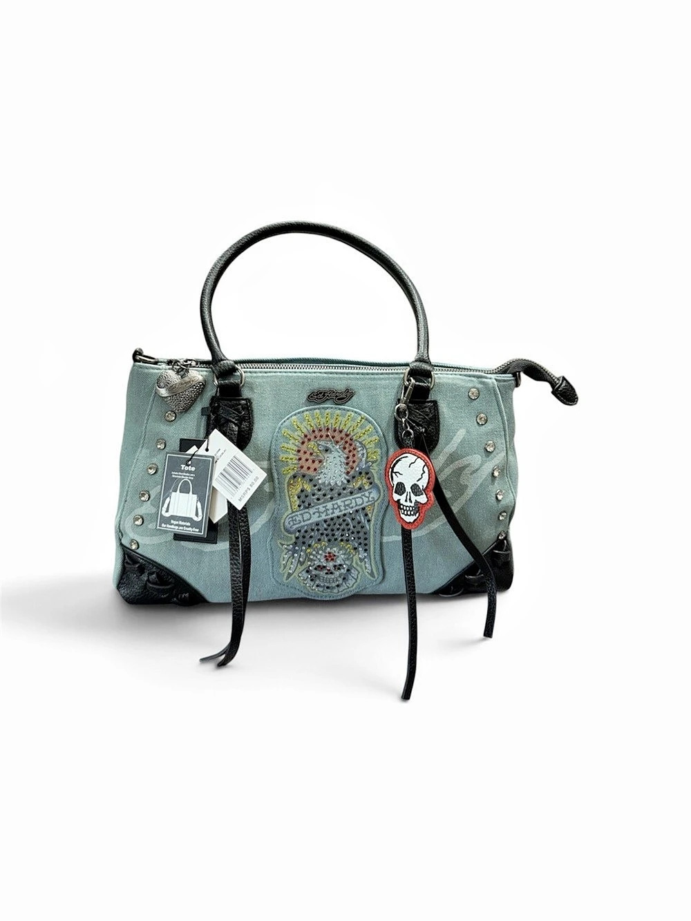 Ed Hardy Eagle Skull Denim Tote Bag Shoulder Bag Blue & Black